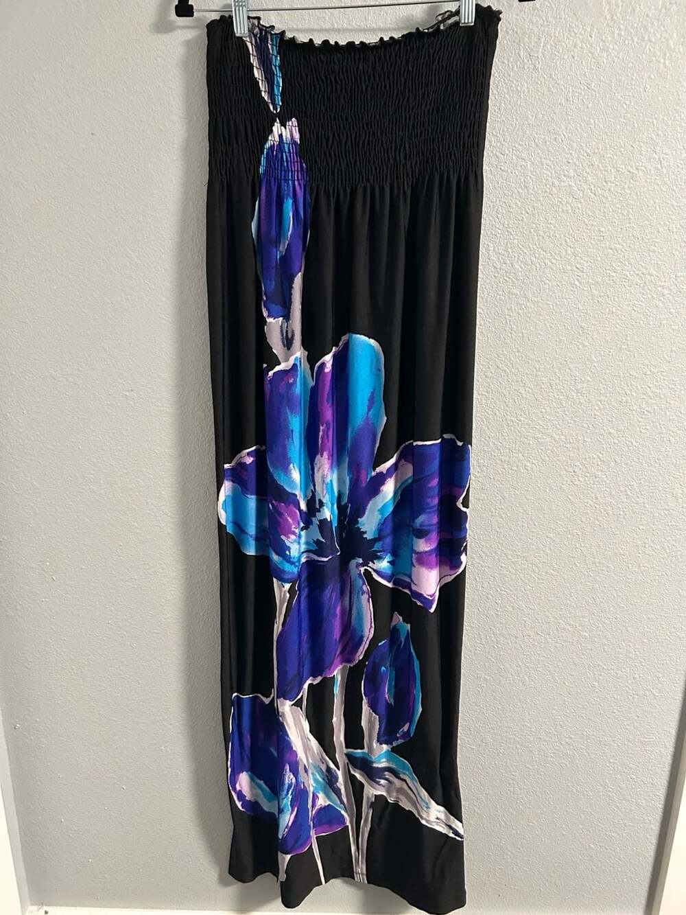 Bailey Blue Black Blue and Purple Floral Strapless Smocked Maxi Dress Size S